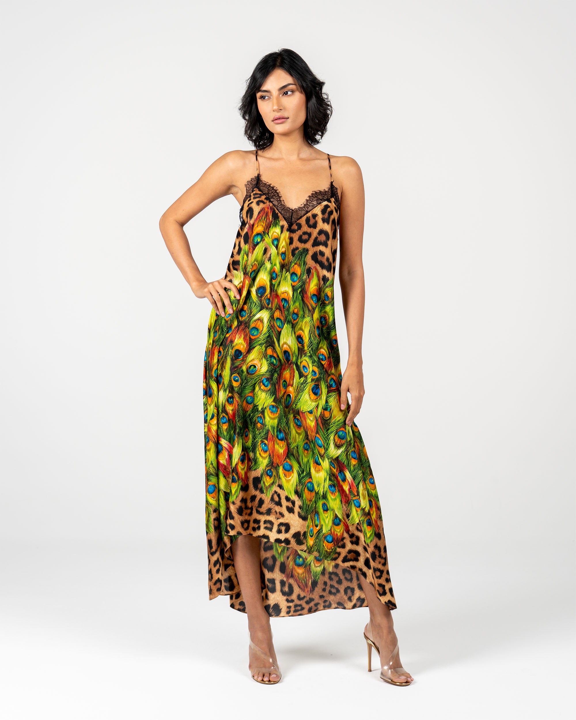 green feather print dress Satin Dress With Feathers in Forest Green main image 0